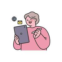 Senior lifestyle character. An elderly woman is using a tablet. vector