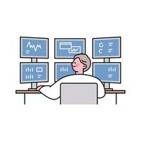 Senior lifestyle character. An expert is analyzing data while looking at many monitors. vector