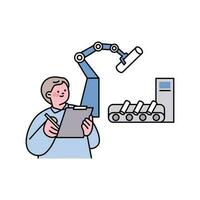 Senior lifestyle character. An elderly factory manager is managing automated machines. vector