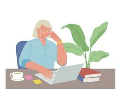 Senior character at work. An elderly woman wearing glasses is working on a computer at a desk piled with books. vector