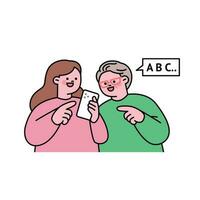 Senior lifestyle character. An elderly man is giving information to a young girl on a smartphone. vector