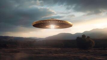 a UFO - shaped object hovering above a serene landscape, casting a soft glow, photo
