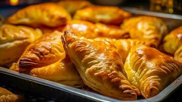 a tray of freshly baked apple turnovers, still warm from the oven, with a golden-brown crust and oozing apple filling, highlighting their mouthwatering appeal,, AI-Generated photo
