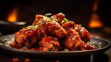 a plate of mouthwatering chicken wings, perfectly fried and coated in a delicious red sauce, photo