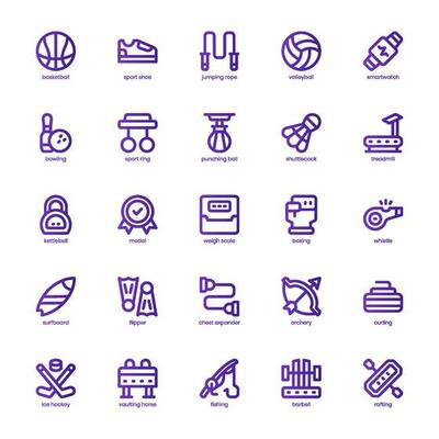 Sports Equipment Icon pack for your website design, logo, app, and user interface. Sports Equipment Icon basic line gradient design. Vector graphics illustration and editable stroke.