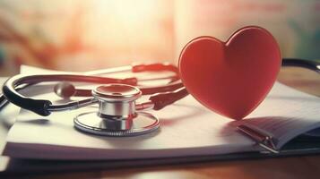 un corazón - conformado estetoscopio descansando en un médico informe, enfatizando el importancia de regular cheque - UPS y corazón salud conciencia, generado por ai foto