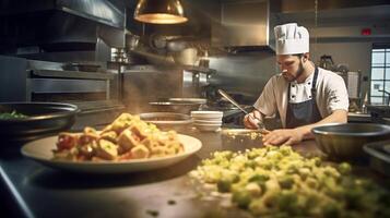 a chef in a bustling kitchen, skillfully preparing a delicious bean-based dish, during the lunch hour rush, photo