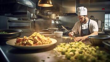 a chef in a bustling kitchen, skillfully preparing a delicious bean-based dish, during the lunch hour rush,  AI Generated photo