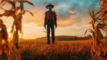 a scarecrow standing tall in picturesque countryside, surrounded by golden fields and a colorful sunset, AI Generated photo