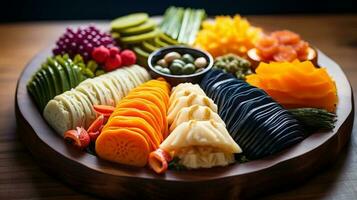 a beautifully arranged tray of songpyeon, the traditional Korean rice cakes made during Chuseok, showcasing their vibrant colors and unique shapes, AI-Generated photo