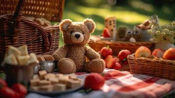 teddy bear in a basket, AI Generated photo