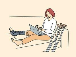 Woman sit on sofa at home with broken leg working on computer. Positive female with cast on leg freelance on laptop. Sick leave and remote work. Vector illustration.