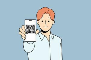 Man with cellphone showing QR code on gadget screen. Guy demonstrate digital passcode on smartphone. Technology and virtual reality. Vector illustration.