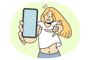 Smiling girl pointing at smartphone screen vector