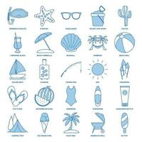 verano icono colocar, viaje símbolos recopilación, logo ilustraciones, playa iconos, turismo señales lineal pictogramas paquete aislado vector ilustración