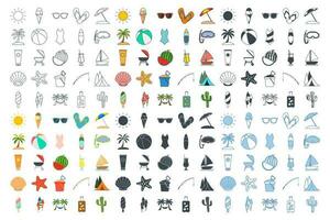 verano mega icono colocar, viaje símbolos recopilación, logo ilustraciones, playa iconos, turismo señales lineal pictogramas paquete aislado vector ilustración