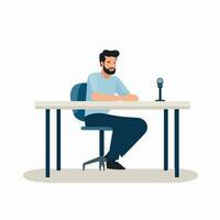 Engaging presentations - Illustrate a man sitting at a table with a microphone, ready to captivate audiences. Create an atmosphere of dynamic communication with this vector illustration.