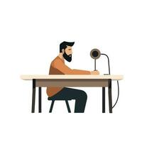 poderoso expresión - iluminar tu mensaje con un vector ilustración de un hombre sentado a un mesa con un micrófono. amplificar tu voz y contratar tu audiencia con confianza.