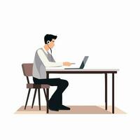 Focused work environment - A vector illustration of a man sitting at a table with a laptop, immersed in his tasks. Capture the essence of productivity with this versatile graphic.