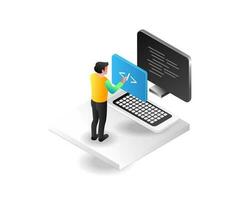 Isometric concept illustration of a developer programming vector