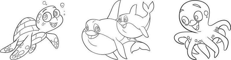 Sea animals group coloring page. Sea fish, octopus, dolphin, shark, whale, turtle and crab. Doodle-style. Outline vector illustration for coloring book. Vector leaf icon.