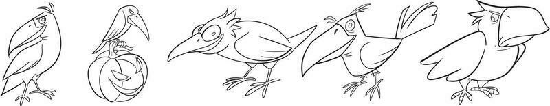 Punchy crow for party coloring pages. Halloween coloring page with weird objects, cute hand drawn Halloween coloring sheet. Doodle-style. Outline vector illustration for coloring book.