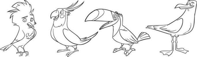 Black and white erect birds. Cute coloring page for child, doodle style. Doodle-style. Outline vector illustration for coloring book. Vector leaf icon.