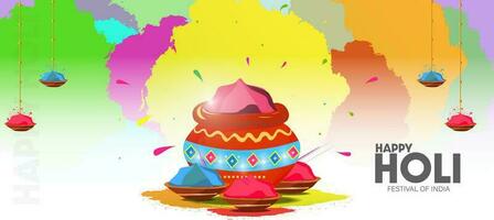 ilustración de contento holi India color festival celebracion saludos diseño y vistoso holi polvo rociar antecedentes. vector