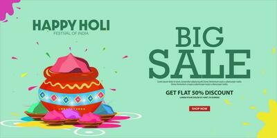 Big Sale Offer Advertising Poster At Holi Festive Sale For Happy Holi Colors Festival. Holi is the biggest color festival celebrated in India. vector