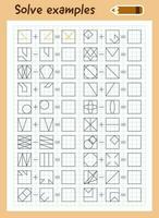 Logic exercises for children. Solve examples according to the model. Math game for kids. Printable worksheet with graphic tasks. Addition and subtraction. vector