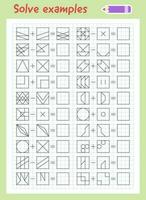 Logic exercises for children. Solve examples according to the model. Math game for kids. Printable worksheet with graphic tasks. Addition and subtraction. vector