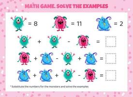 Math game for kids. Replace the monsters with numbers and solve the examples. Mathematical Worksheet for preschool children. Addition and subtraction. Vector illustration. Cartoon fluffy monsters.