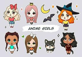 A set of cute anime girls illustrations in various clothes and hair styles. isolated Cartoon sticker pack with cute chibi girls and animals. Vector stickers or badges for any use.