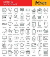 Shopping, Sale, Finance and Market line icons. Gift, clothes, finance, Percent sign and Sale discount. Linear icon set with editable stroke. isolated 56 Vector icons.