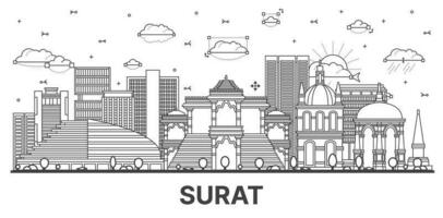 contorno surat India ciudad horizonte con moderno y histórico edificios aislado en blanco. vector