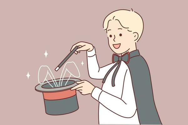 Little magician boy demonstrates magic trick by holding hat with rabbit and magic wand. Teenage child dreams of going to school of witchcraft and wizardry by performing at illusion show