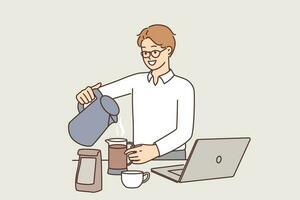 Man office worker brews coffee zero hot water from kettle at table with laptop. Young guy office clerk prepares coffee to recuperate after paperwork routine and start new project on instructions boss vector