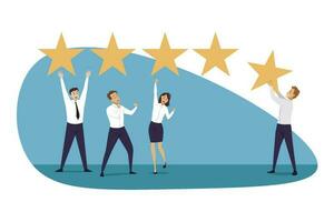 Rating, teamwork, success, goal achievement, business concept. Online assessment market evaluation business verification illustration. Team of businessmen women managers coworkers put five star rank. vector