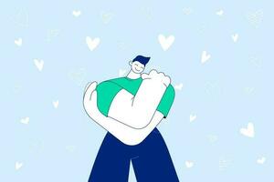 yo cuidado, yo amor y estima concepto. joven sonriente hombre dibujos animados personaje en pie y abrazando él mismo sensación contento y positivo solo siendo orgulloso terminado azul antecedentes con corazones vector