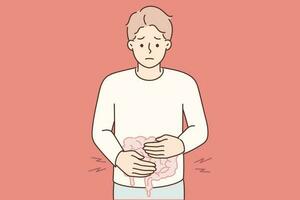 hombre pone manos en estómago sensación dolor en intestinal debido a desnutrición o rápido comida envenenamiento. chico sufrimiento desde gastritis o Diarrea causando intestinal problemas necesidades ayuda de gastroenterólogo vector