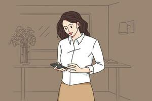 Office worker and online communication concept. Young pretty brunette woman cartoon character standing with smartphone and chatting in office vector illustration