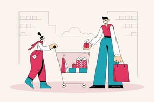 Shopping and buying presents during COVID-19 concept. Two people cartoon characters in medical face masks putting gifts in boxes and purchases to shopping bag during coronavirus pandemic illustration vector