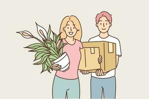 Man and woman move into new house together after buying own property with mortgage or renting apartment in good area. Guy with moving boxes and girl with house plant looking at camera vector