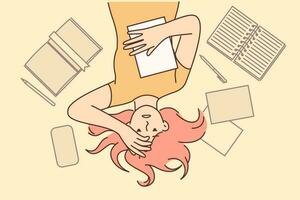 Woman student worry about upcoming exams at university or college lying on floor among textbooks. Girl student or office worker clutching head after experiencing burnout associated with overload vector