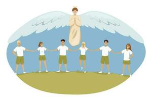 proteccion, deporte, educación, apoyo, religión, cristiandad concepto. ángel bíblico religioso personaje proteger joven contento adolescentes Niños de escuela Atletas exploradores adivinar ayuda ilustración. vector