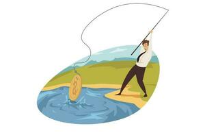 Business, profit, mining, income, fishing concept. Businessman manager worker entrepreneur fisherman catching bitcoin from pond. Cryptocurrency earning and digital finance ecommerce illustration. vector