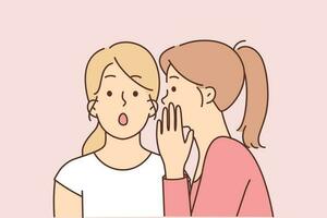 Two female friends gossip telling secrets in ears and discussing actions of work colleagues or mutual acquaintances. Concept of spreading false information between people and use of gossip to slander vector