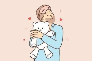 Funny bearded man hugging teddy bear before going to bed feeling attached to gift toy. Happy guy in teddy bear pajamas with immature demeanor feels nostalgic for childhood and adolescence vector