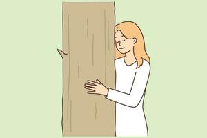 Teenage girl caringly hugging tree cuddling up to plant for concept of caring for nature. Woman enjoys wildlife and trees growing in forest or park and needing protection from environmental activists vector