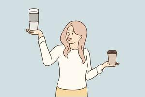 mujer haciendo elección Entre reutilizable termo para té y desechable papel taza para para llevar café. conceptos Moviente lejos desde desechable vajilla, para cuidado de naturaleza y reducción perjudicial emisiones vector